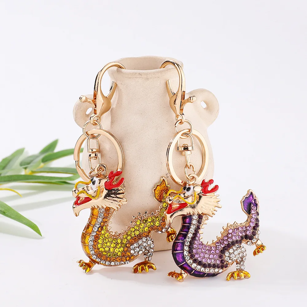 Dragon Keychains With Rhinestones Inlay Lucky Chinese Dragon Hanging Ornament Keyring 3d Cartoon 2024 New Year Gifts Key Holders