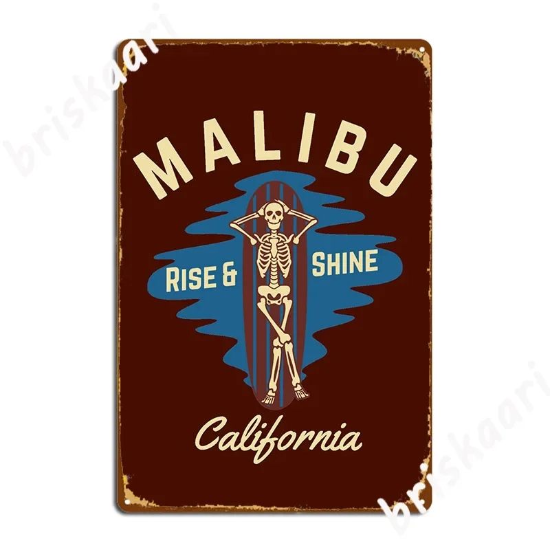 Vintage Style Malibu California Beige Text Skeleton Surf Beach Metal Sign Wall Decor Bar Cave Retro Pub Tin Sign Poster