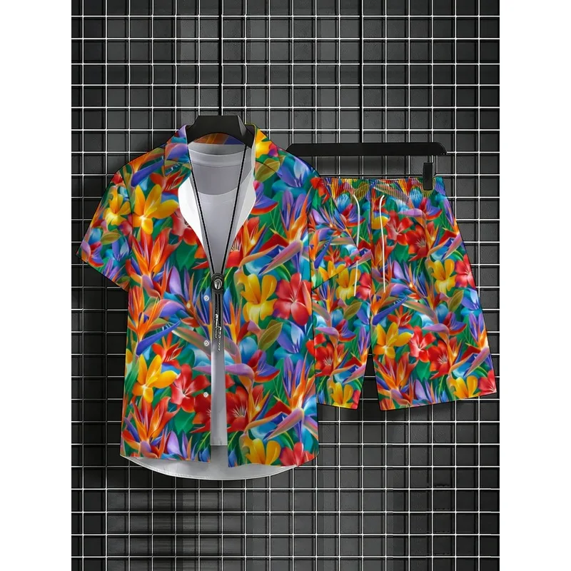Men's Printed Short Sleeve Shirt & Long Pants Set Lightweight Polyester Summer Vacation Casual Comfortable Durable Beach Outdoor view 3