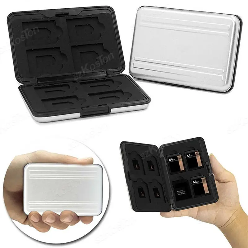 Caja de transporte de aluminio resistente a los golpes, estuche de almacenamiento para tarjetas de memoria, soporte de 8 ranuras para tarjetas SD, SDHC, MMC, Micro SD, TF