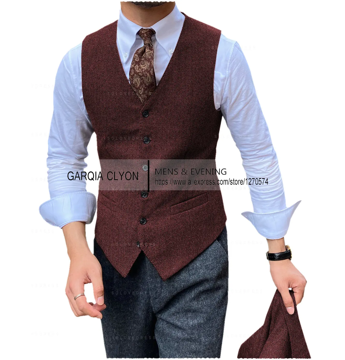 Коричневый мужской жилет, приталенный жилет с рисунком «елочка», винтажный жилет с v-образным вырезом, костюм, жилет для свадьбы, жениха, однобортный