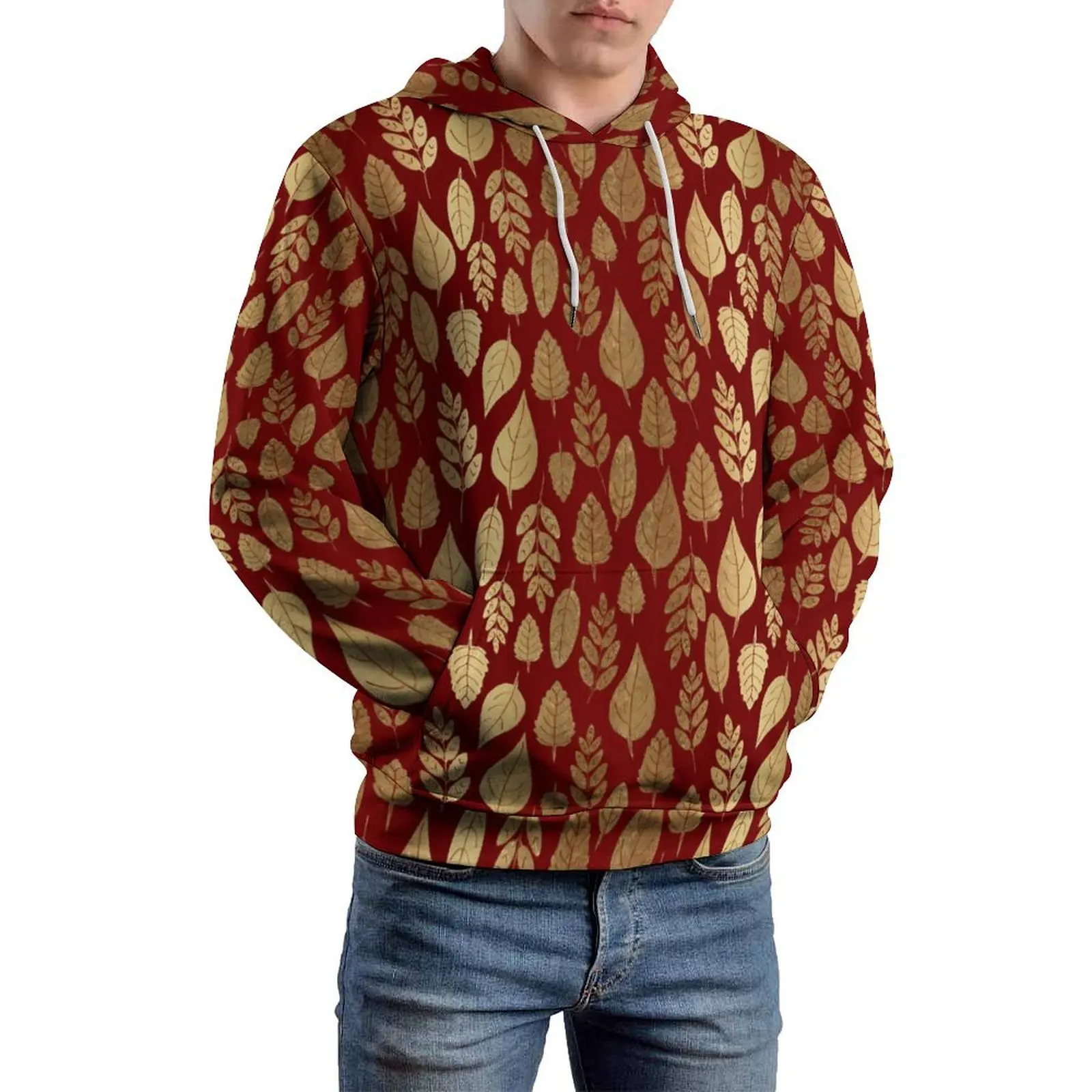 Leaf Print Casual Hoodies Men Gold and Red Cool Pattern Sweatshirts Autumn Long-Sleeve Street Style Oversized Hoodie