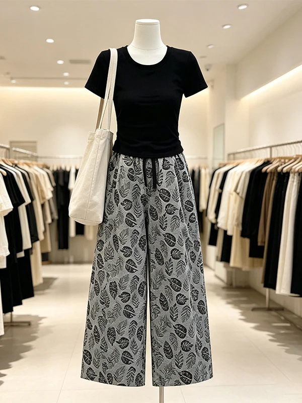 

Large Size Women's Summer New Pure Color Short Sleeve Top Floral Wide Leg Pants Two Piece Set Korean Style Loose Fit High Waist