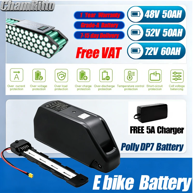 

Electric bicycle Lithium Battery Polly DP7 ebike 48V 52V 36V 60V 30ah 40 50Ah 60Ah battery 21700 Down tube Hailong 72V 3000W Kit