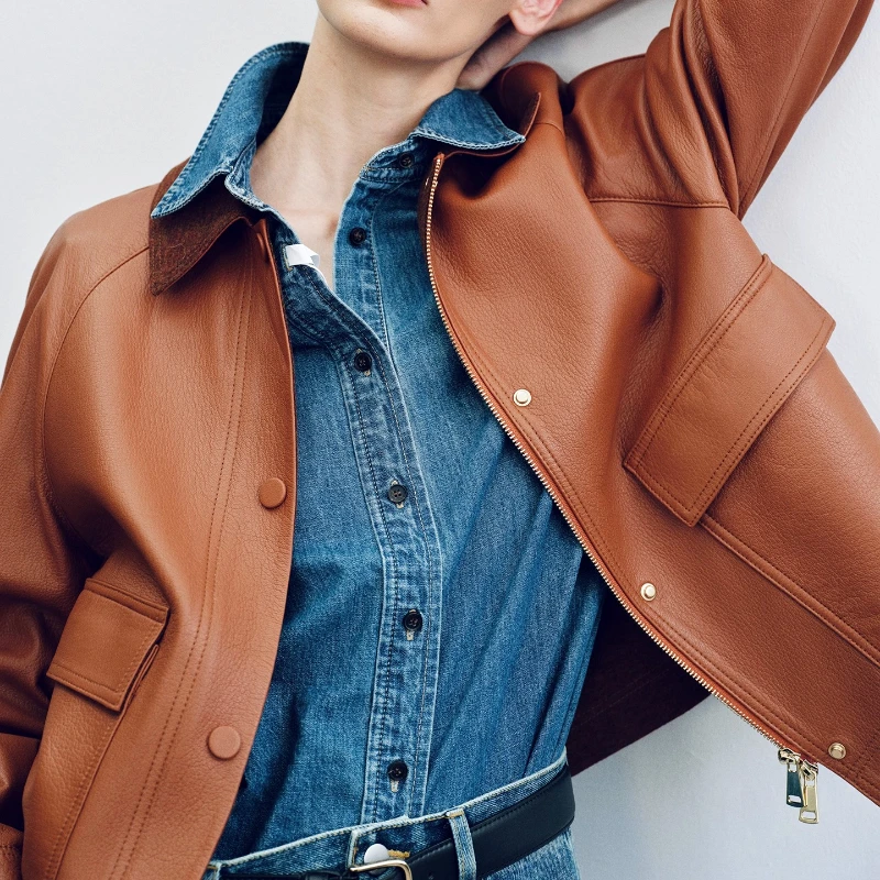 YOLANFAIRY herfst geïmporteerd lamsleer vintage stijl Leer Korte lengte Polokraag goudbruin Leren jas 가 • Allaidad 2025