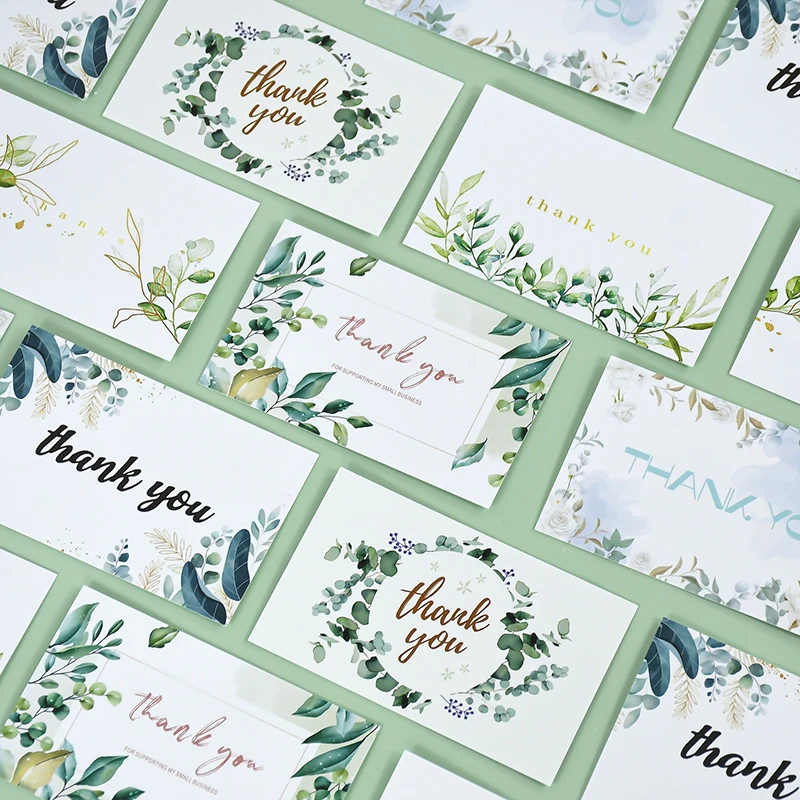 50pcs Thank You Card For Small Business Wedding Favors Green Leaf Greeting Card Invitation Cards Birthday Gift Box Packing Label