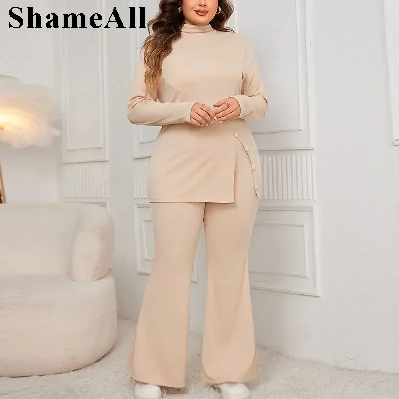 Skinny Split Knitted Sweater Set Women Sexy Button Patchwork Turtleneck Pullover Knit Sweater Top Flare Pants Lazy Two-piece Set