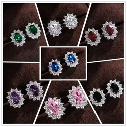 Full Zircon Stud Earrings for Women Blue/Purple/Red/Pink/Black/White/Green Oval CZ Wedding Trend Female Luxury Jewelry