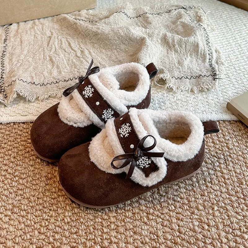 Snowflake Embroidery Children Flats Shoes Bow Solid PU Girls Winter Shoes Plush Warm Hook Loop Soft Kids Princess Shoes