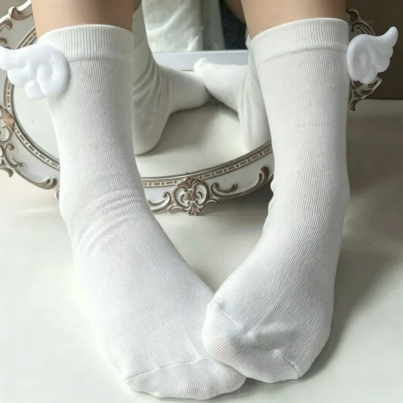 1/5Pairs White Angel Wings Socks Jk Lolita Comfortable All Season Casual Socks Women Three-Dimensional Wing Mid Tube Stockings