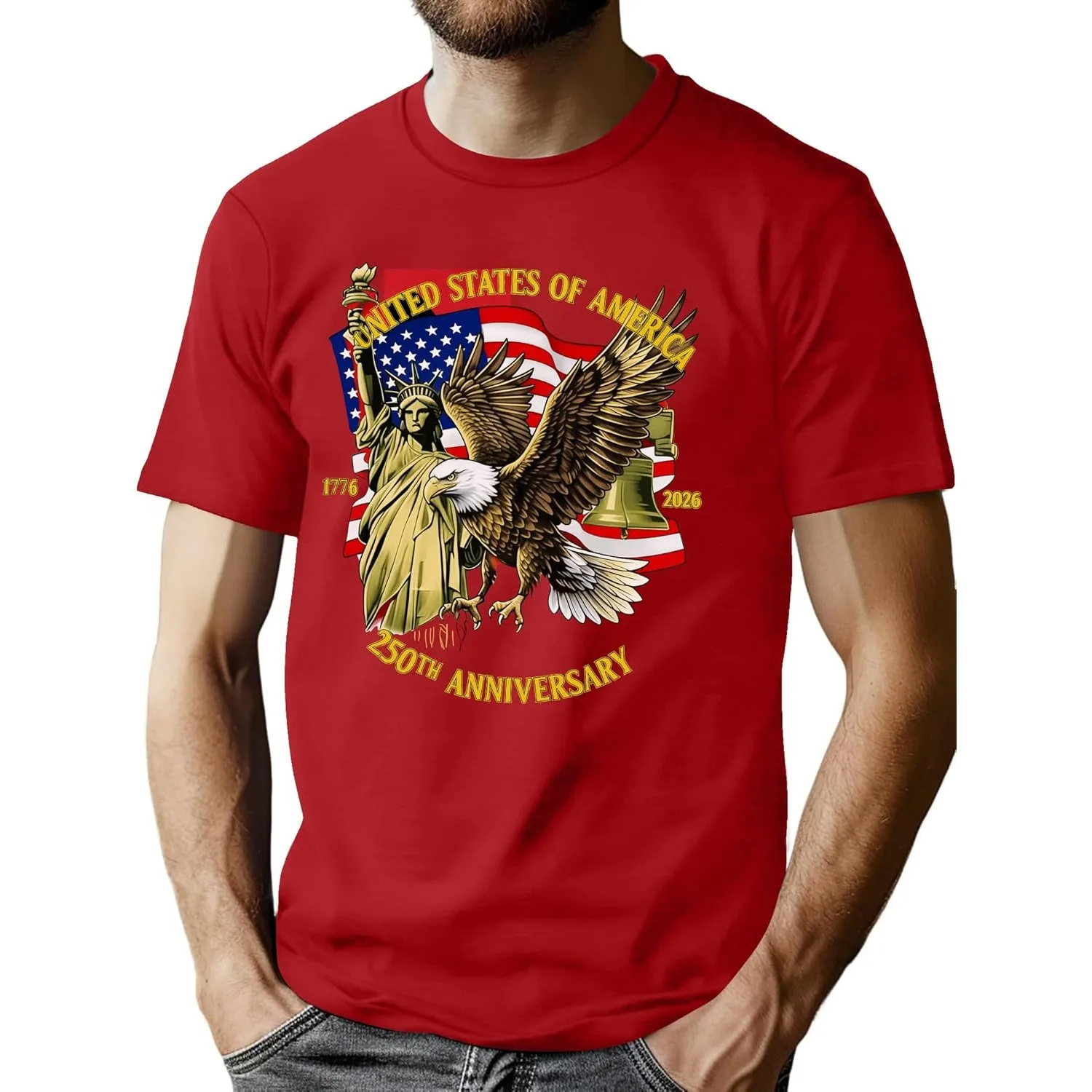 USA 250th Anniversary Eagle Statue Graphic Tee Men Patriotic 1776 2026 Short Sleeve Cotton Shirt