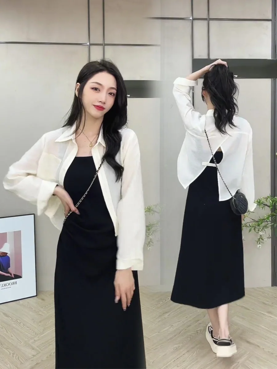 

Spring Summer Women Korean Dress Spaghetti Strap Frocks One-Piece Evening Party Shoujo Two Piece Sets + Long Sleeve Tops Wh11