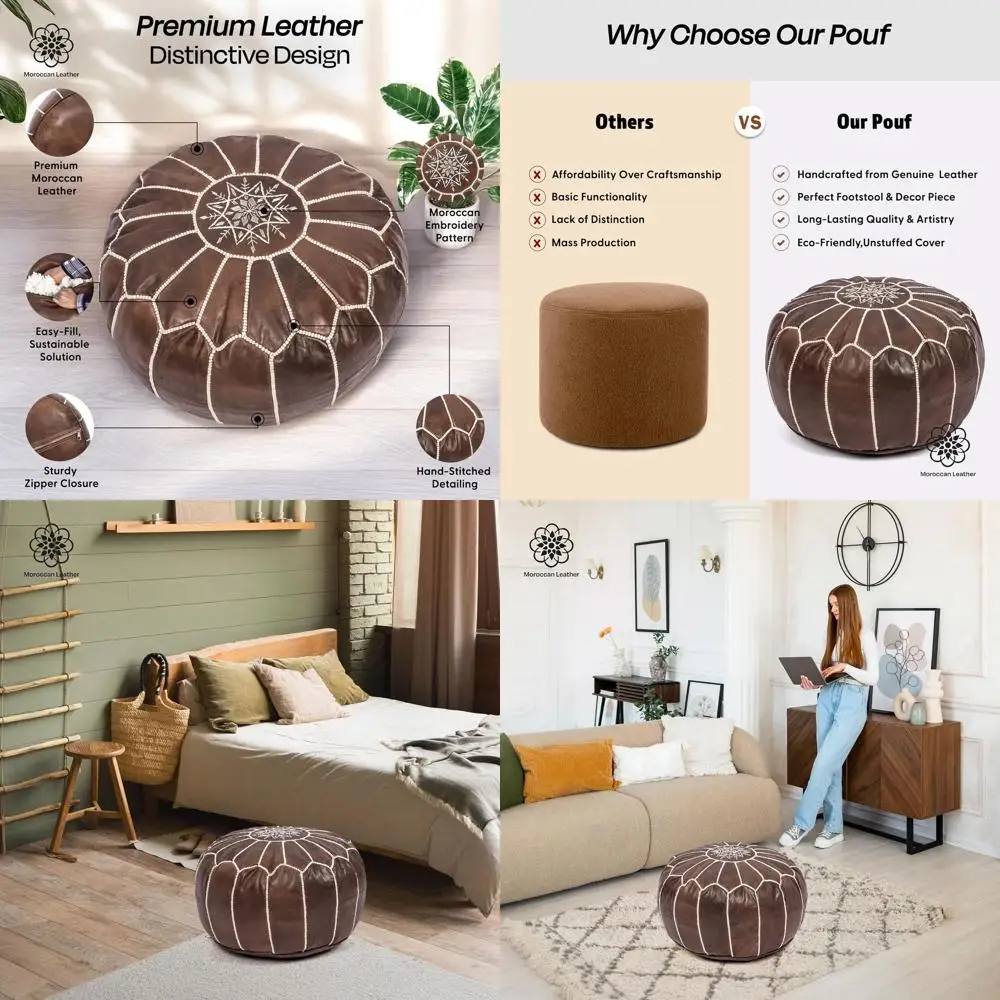 

Moroccan Leather Pouf Cover, Unfilled Round Ottoman, Bohemian Decor for Living & Bedroom