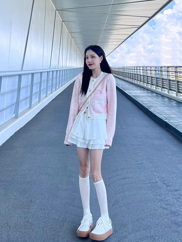 faionable-sweet-pink-knitted-sweater-women's-sle-autumn-new-arrival-ele-feel-youthful-open-cardigan-trendy-outerwear