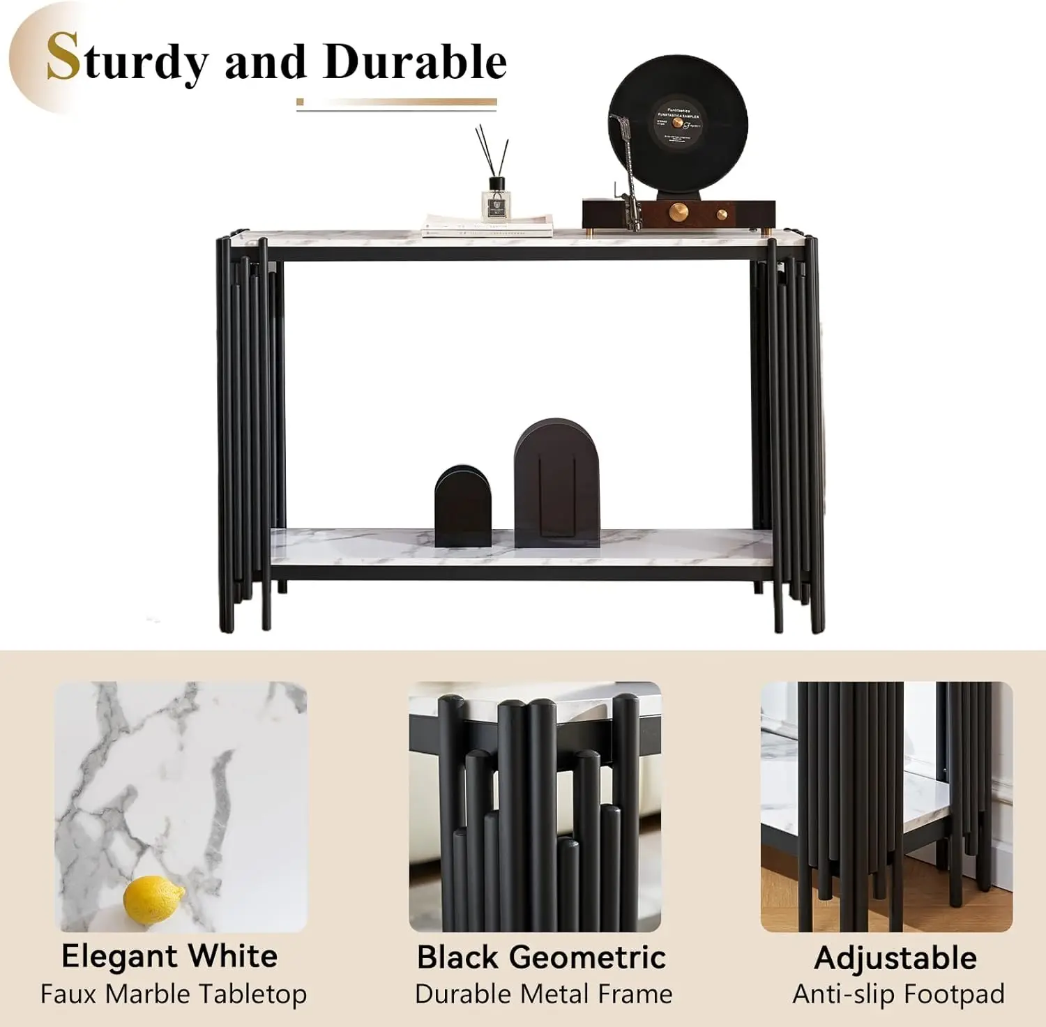 Mármore branco mesa consola com moldura geométrica preta, sala de estar sofá mesa, moderno e elegante, entrada de luxo, 48 polegadas, 2 níveis