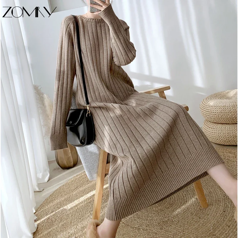 ZOMRY Autumn Fashion New Long Simple Loose Knitted Dress Korean Women\'s O-Neck Elegant Casual Straight Sweater Warm Vest Dresses