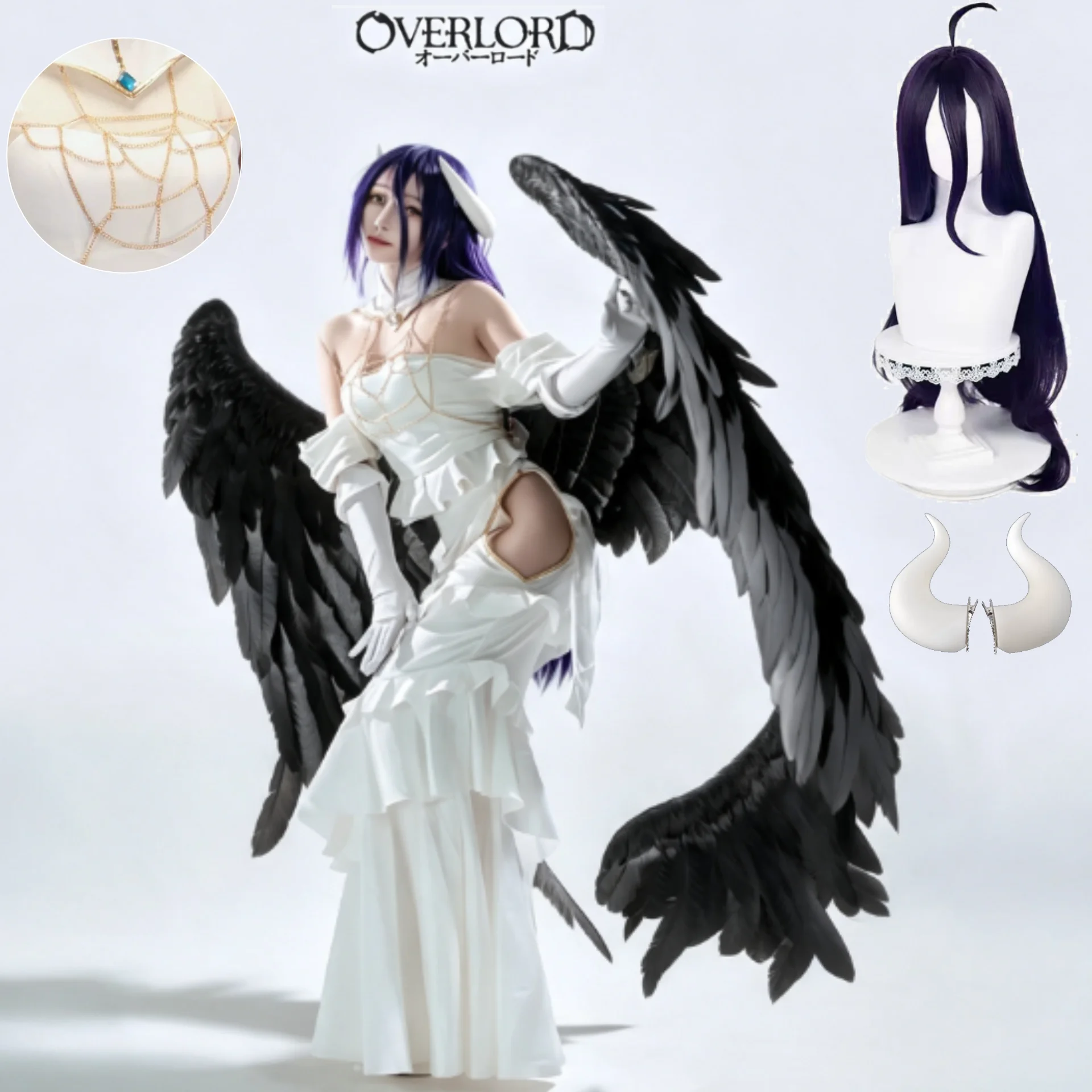 Overlord Albedo Cosplay Costume White Mermaid Dress Anime Outfit Full Set with Demon Horns Wig for Halloween Comic Con Roleplay