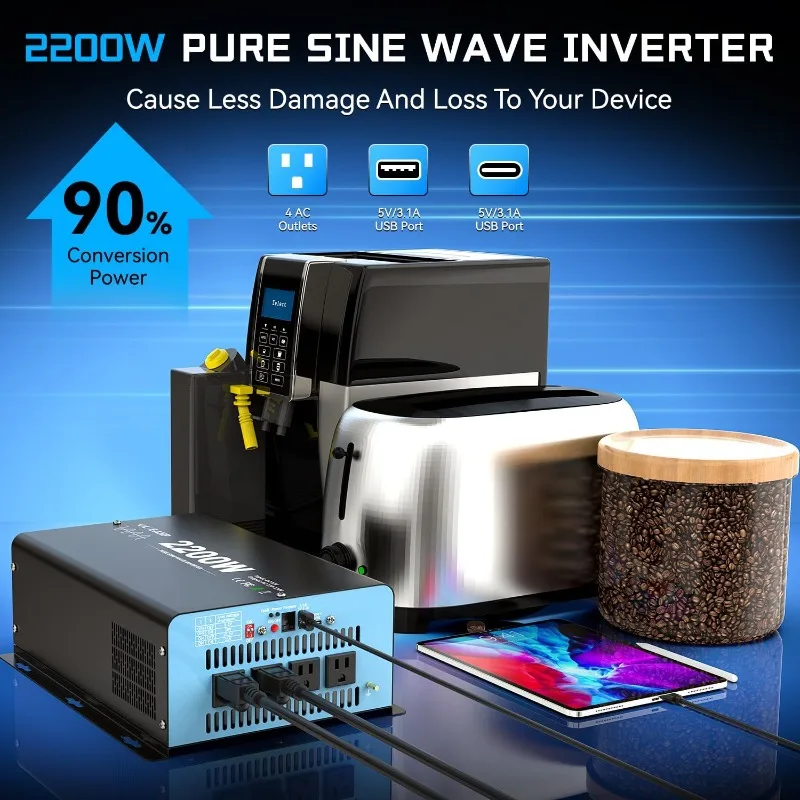 Watts Pure Sine Wave Inverter,  USB Port, Type-C Port for Truck, Vehicle, Power Outage, Remote Control with LCD Screen