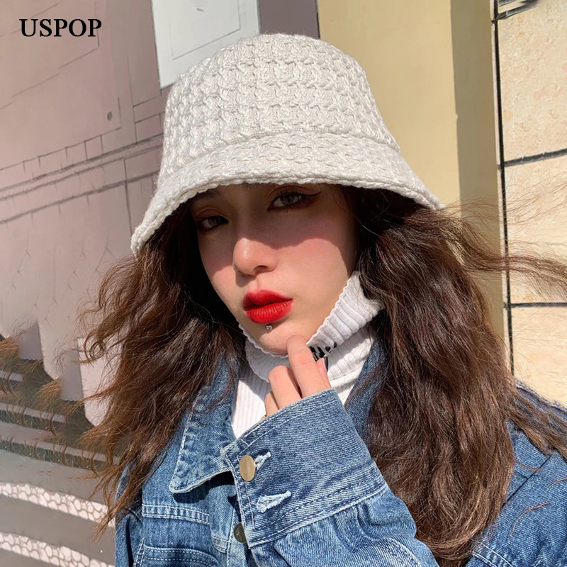 USPOP New Women Autumn Winter Hats Bucket Tweed Hats Thick Warm Jacquard Bucket Hat