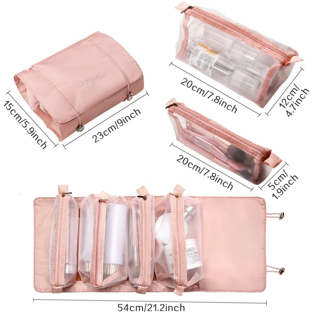 New Mesh Cosmetic Bags Roll-Up Makeup Bag, 4-In-1 Foldable Makeup Bag Portable Travel Toiletry Organizer Lipstick Storage Pouch