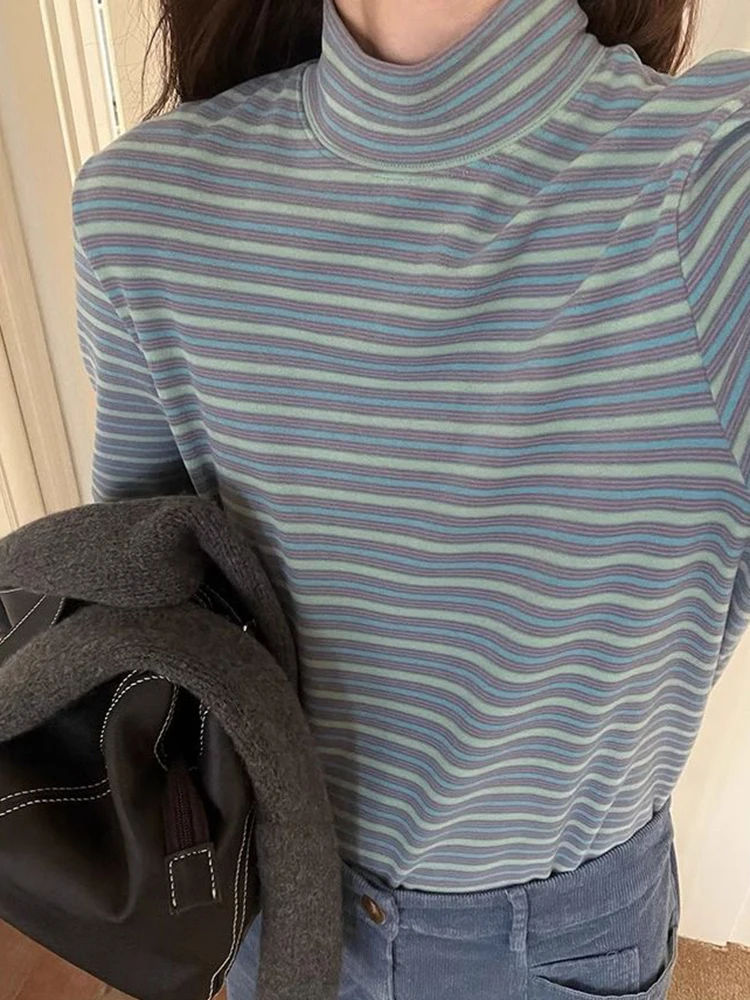 Gestreepte Half Coltrui Vrouwen T-shirt Winter Nieuwe Losse Lange Mouw Warme Basis Tops Y2K Koreaanse Chic Preppy Alle Match Tees Mujer
