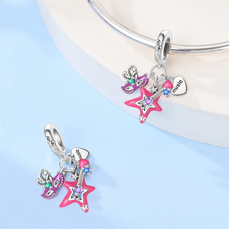 925 Sterling Silver Music Dangle Charms CZ Zircon  Accordion Guitar Charms Beads Women DIY Bracelet Concert Daily Jewelry Gift view 4