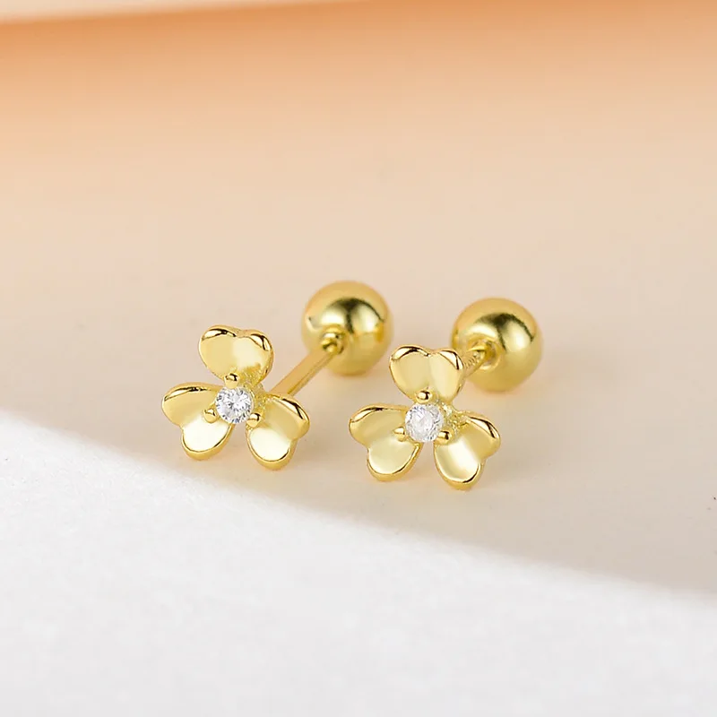 925 Sterling Silver Stylish Simple Inlaid Zircon Lucky Grass Stud Earrings for Women  Mini Jewelry Accessories