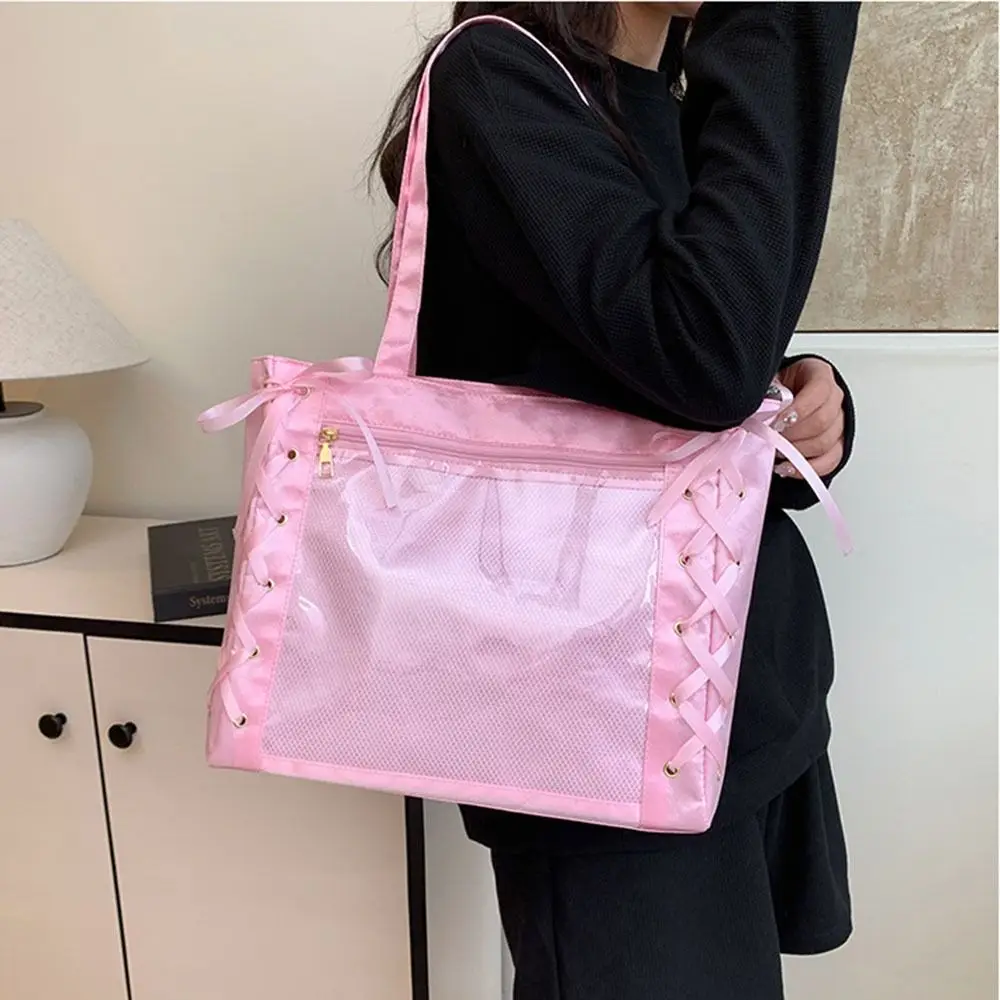 Large Capacity Sweet Ita Tote Bag Clear Front Pocket Bow Ribbon Japanese JK Ribbon Bag Multi-Purpose DIY Women Ribbon Handbag - view 3