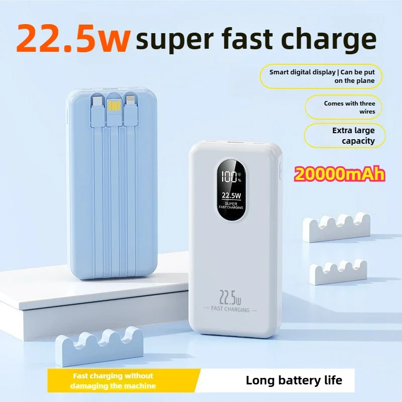 باور بانك محمول 22.5 وات 10000 مللي أمبير في الساعة، شحن سريع، شاشة رقمية، كابلات مدمجة لهاتف آيفون وسامسونج وهواوي وشاومي