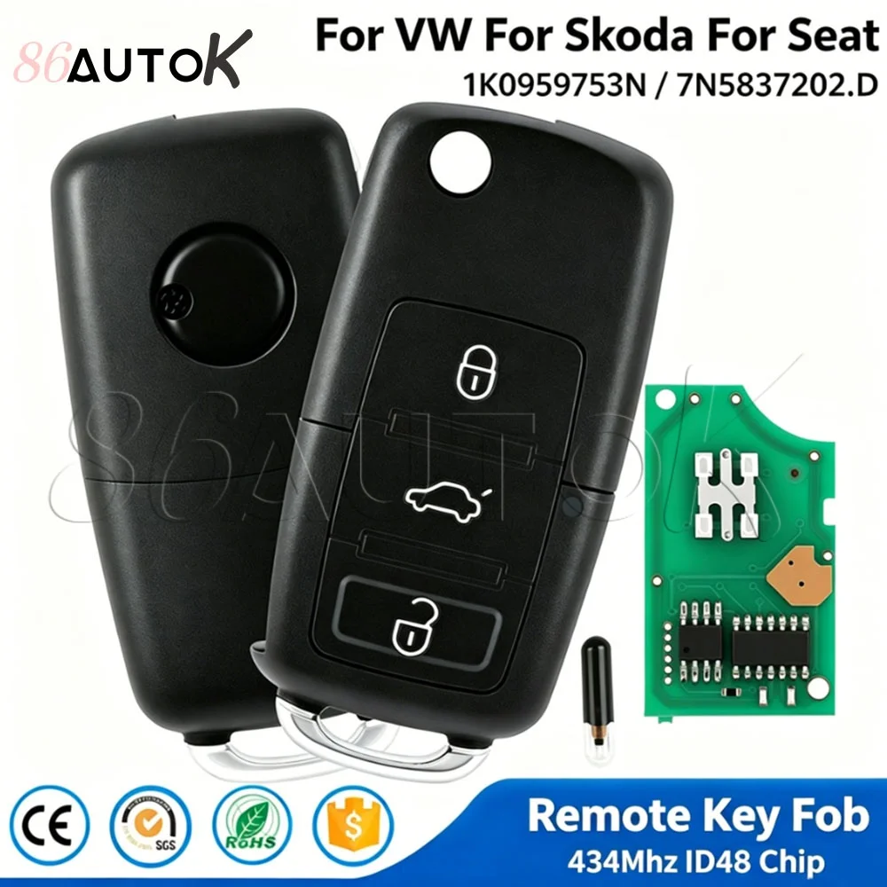 

1K0959753N Flip Remote Key Fob For VW Passat Golf Jetta For Skoda Yeti Leon Octavia For Seat Ibiza Toledo Aitea ID48 Chip 434Mhz