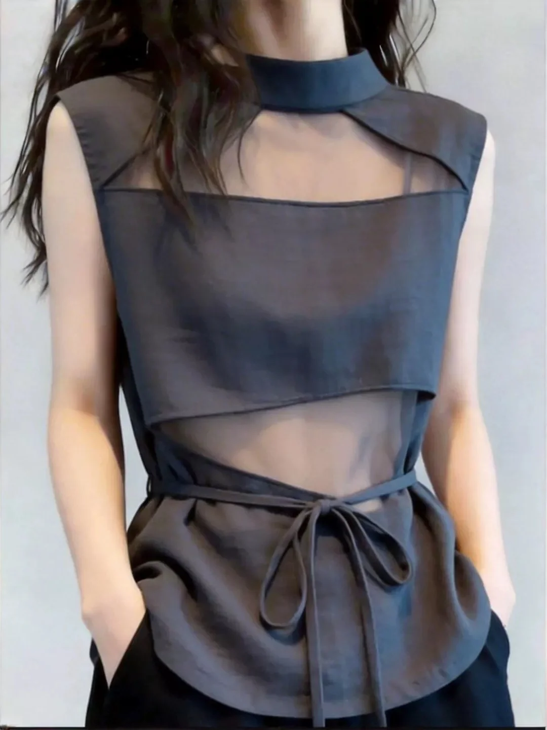 

Slim Fit Sleeveless Stand Collar Belted Waist Crop Top Summer Fashionable Base Layer Shirt Translucent Simple Style Commute S...