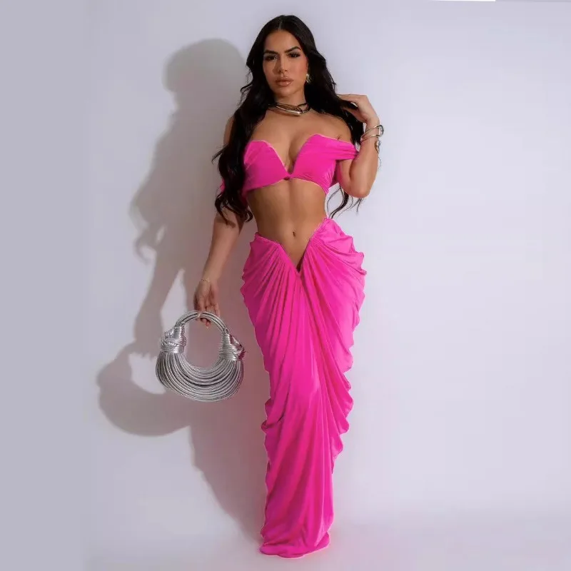 Sexy Party Night Ruched Maxi Dress Sets for Women Two Piece Set Club Rave Outfits Slash Neck Crop Top + Long Skirt Matching Sets