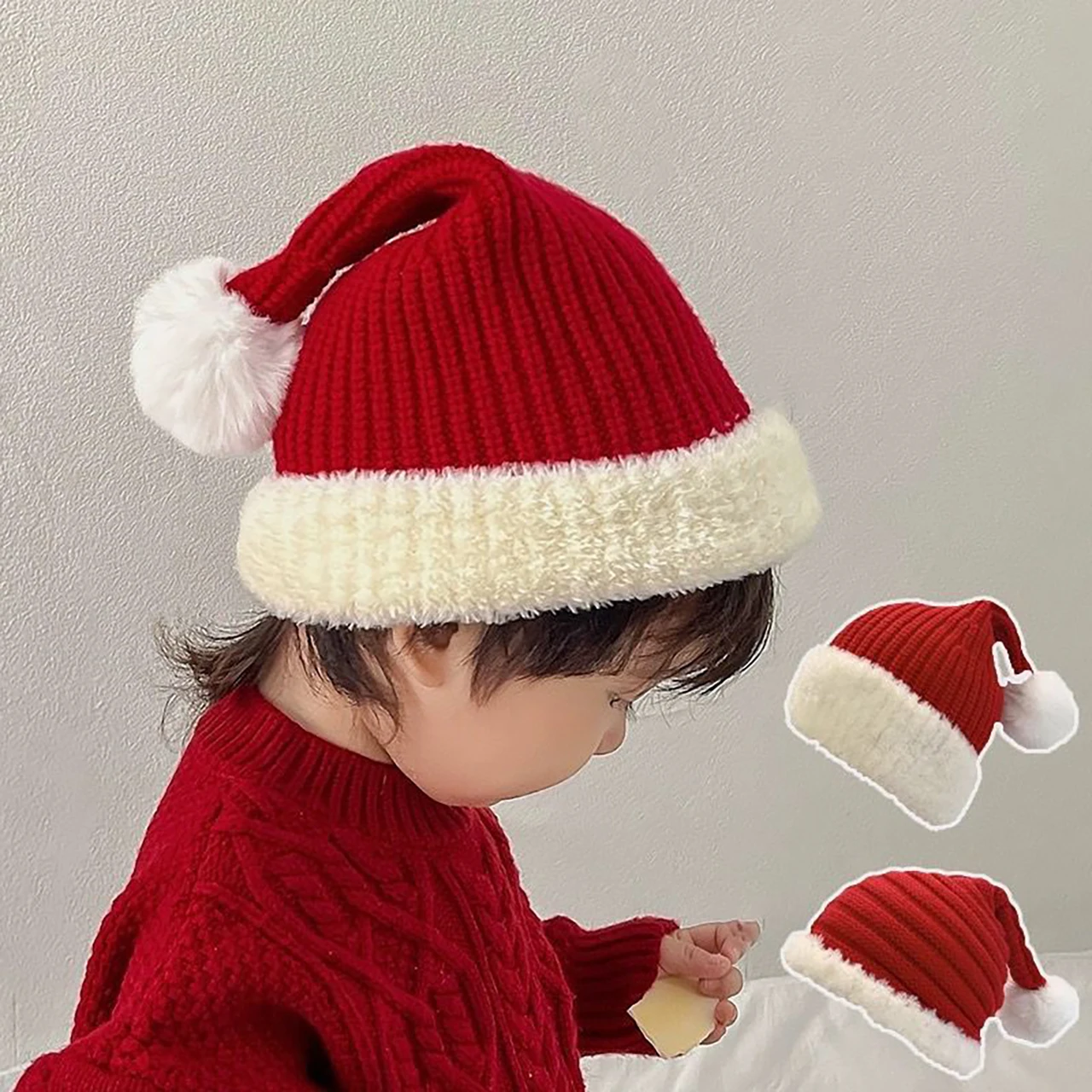 Baby Christmas Hat White Plush Ball Toddler Knit Hat Winter Warm Ear Protection Cap New Year Red Pompom Beanie Kid Woolen Bonnet