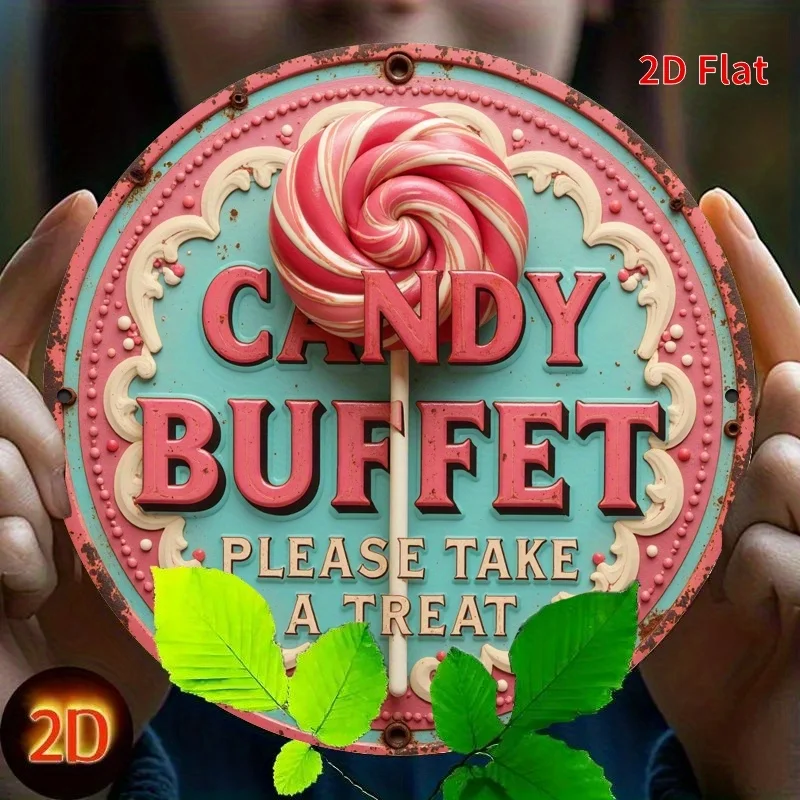 2D Flaches, 1-teiliges Retro Candy Buffet Metallschild, 20x20cm, Vintage Runde Wanddekoration mit Rosa & Grünem Wirbel-Design, Perfekt für Zuhause
