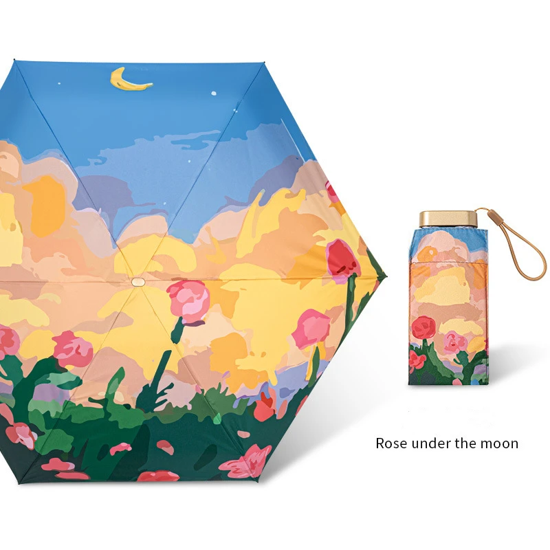 Micro Mini Manual Compact Umbrella Rose Oil Painting Umbrella Pink with Multicolored Flowers Travel Umbrella for Woman 우산 зонт