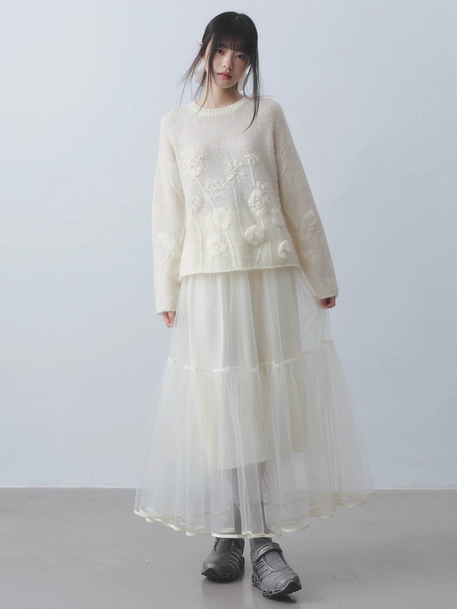 

Dirl Soft Velvet Cheese Cry Double Layered Tulle High Waist Midi Skirt Fene Flared f-length Skirt for Young Women