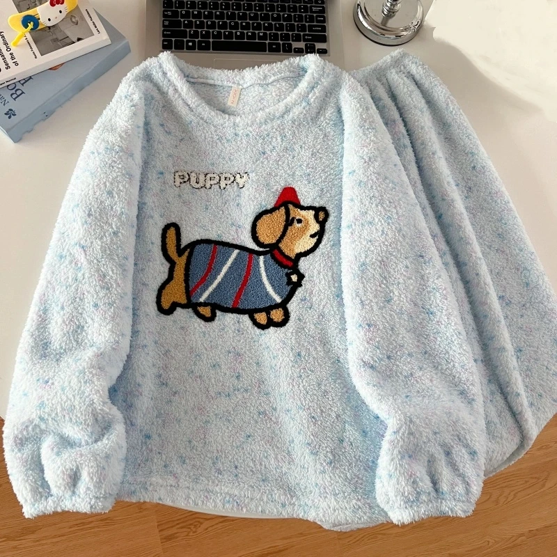 

2 шт./компл. пижамы в Корейском стиле с милой собакой, утолщенные теплые осенние и зимние женские пижамы с длинными рукавами, комплект с длинными штанами, милая новая одежда для сна