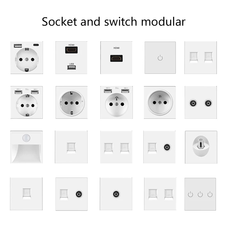 EU/FR/Universal Std 52*52mm White Touch Switch Socket TV RJ45 RJ11 Module Tempered Glass Panel Flame Iron For Square Box Diy