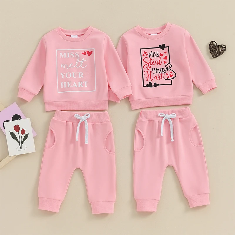 

2023-11-29 Lioraitiin Toddler Girl Valentine's Day Outfit Baby Long Sleeve Crewneck Letter Print Pullovers Sweatshirt Sweatpants