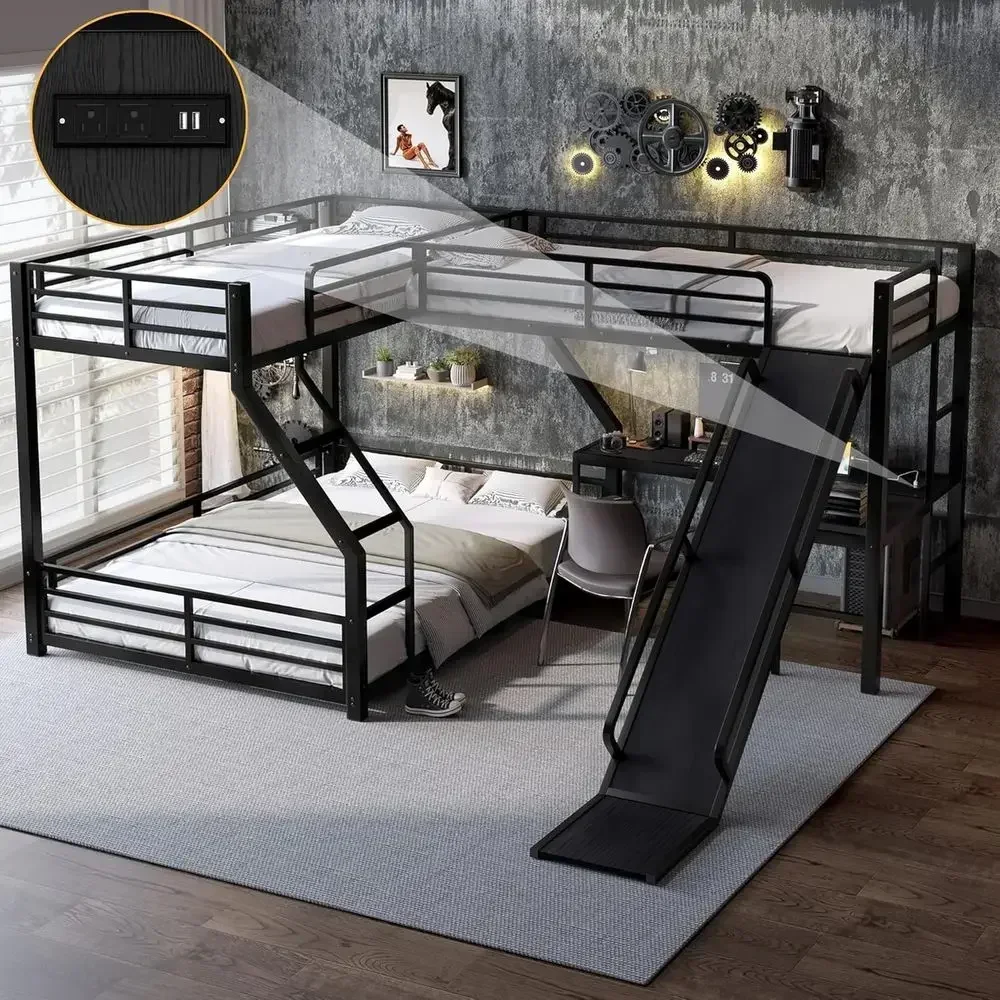 L-Shape Twin XL/Queen Bunk Bed with Desk and Slide, Triple Bunk for 3 Kids, Metal, Black view 3