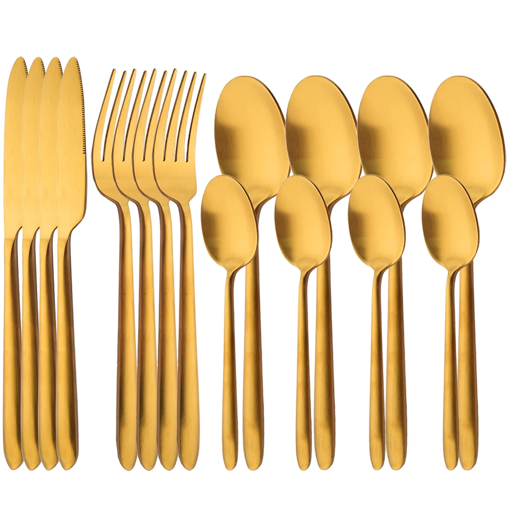 Gold 16Pcs Stainless Steel Dinnerware Set Knife Fork Spoons Teaspoons Flatware Matte Kitchen Western Complete Tableware Set