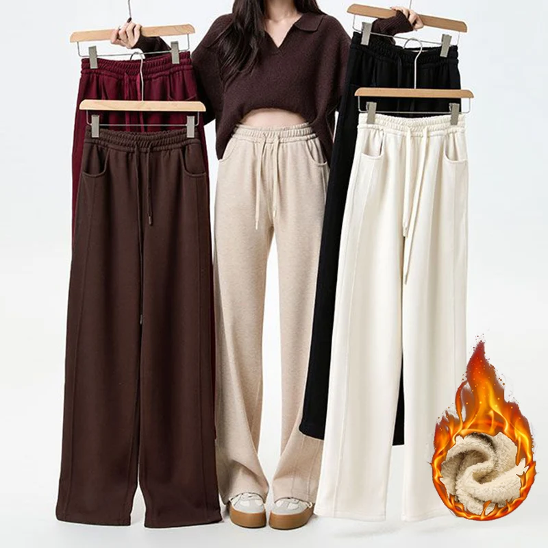 Neue Koreanische Dame Winter Fleece Thermische Hosen Mädchen Hohe Taille Einfarbig Plüsch Hosen Weibliche Schnee Warme Casual Jogginghose