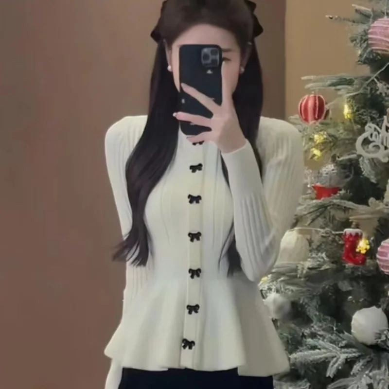 DAYIFUN Bow Slim Fit Women's Sweaters Long Sleeve Waist Cinch Lady's Fashion Knitted Sweater Solid Color Versatile Pullover Tops