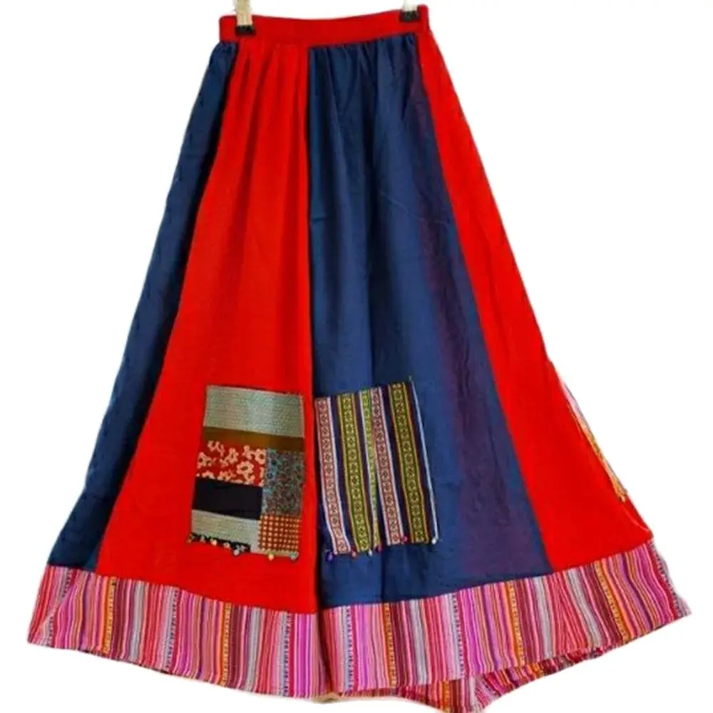 

New Trumpet Skirt National Fashion Cotton And Linen Stitching Contrast Skirt Spring And Autumn Leisure Printing Big Swing Skirt