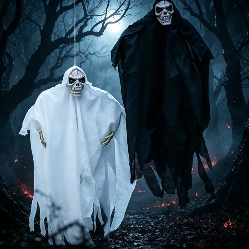 Halloween simulation skull hanging props voice-activated sound and light-emitting hanging ghost horror tricky funny decoration