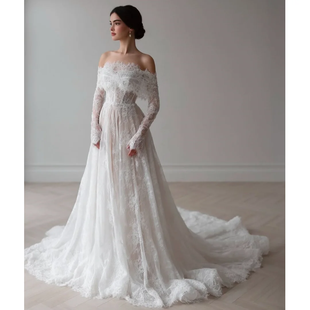 

Arabic Long Sleeves Wedding Dresses Illusion Corset Vestido de Novia Lace Wedding Party Dress Elegant Vestidos Customized