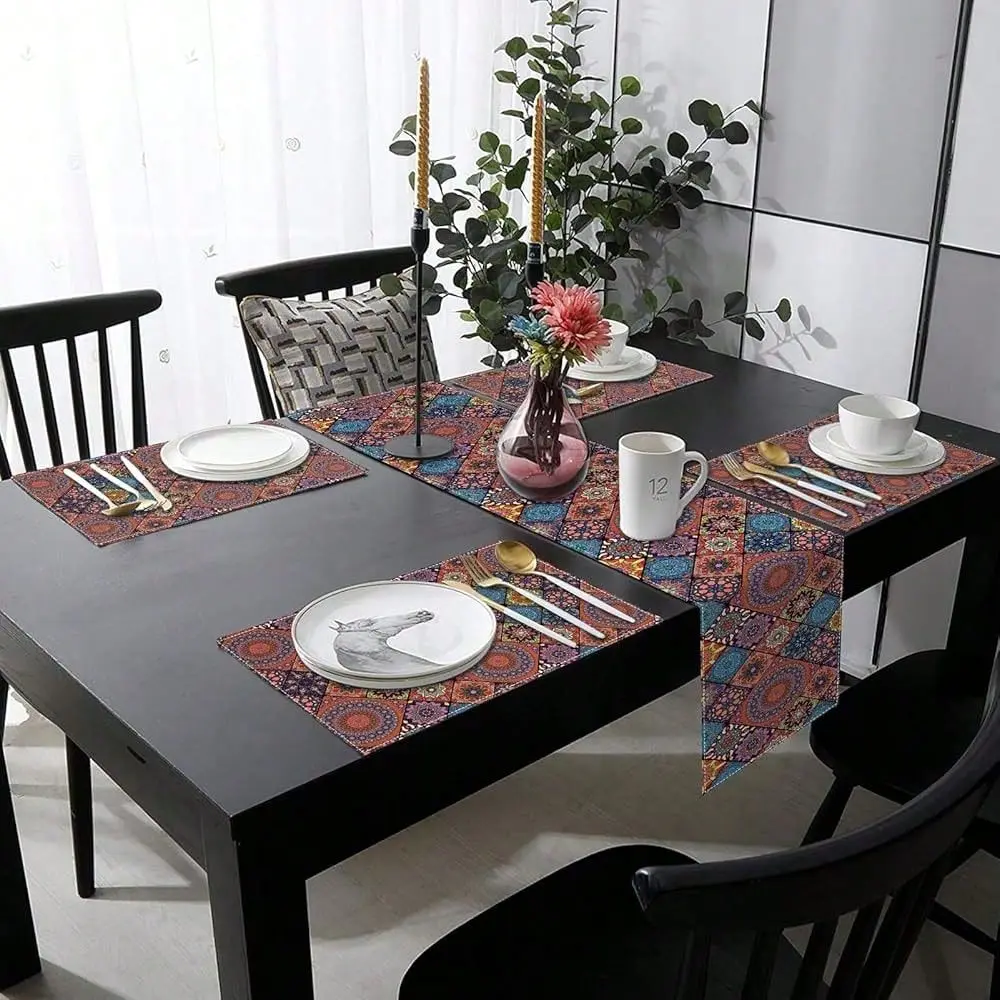 

Mexican Flower Table Runner And Placemats Set Of 6,Colorful Vintage Floral Boho Art Dining Decor For Daily Use1 Table Runner 72