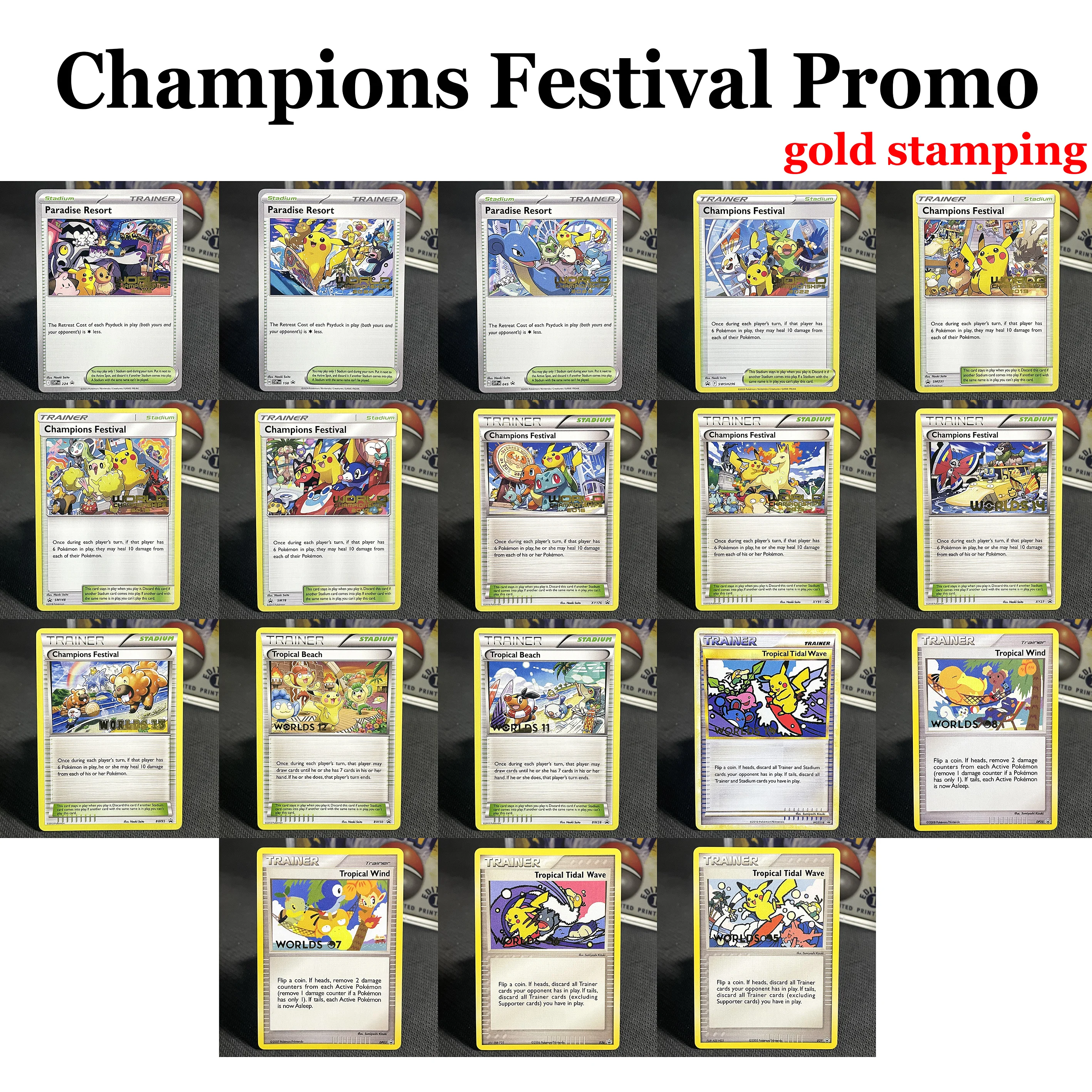 18 Uds. Tarjeta de entrenamiento PKM Festival de campeones/Vida de marea Tropical/Viento Tropical/Palí Resort World Gold Stamping tarjetas promocionales