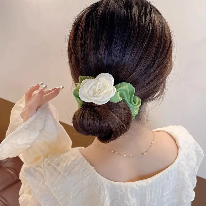 Chaoxianshan-女性のための椿の長袖ヘアバンド、ハイエンドの気質のヘッドロープ、タイポニーテール、革の腱、夏