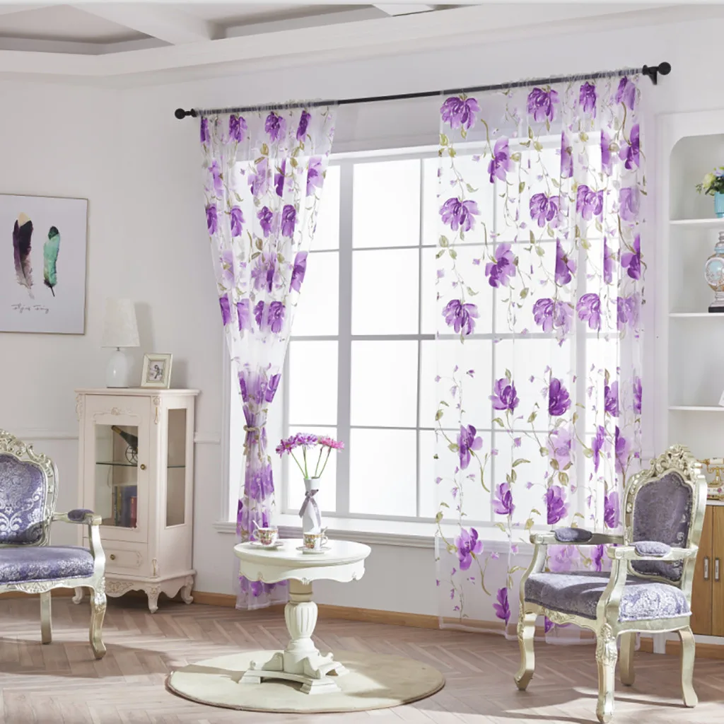 Flower Blossoms Black Tulle Curtains For Living Room Bedroom Decoration Chiffon Sheer Voile Kitchen Window Curtain